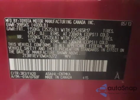 2013 Toyota Rav4 Xle из США, поврежденный, VIN 2T3RFREV1DW049272